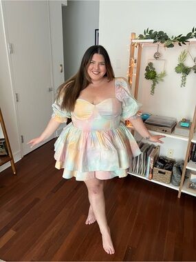 Selkie Pastel Rainbow Puff-Sleeve Babydoll Dress